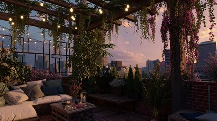 Cozy rooftop terrace at sunset with string lights, lush plants, comfortable seating, and a warm, inviting atmosphere. Perfect outdoor space for relaxation and city views. - Powered by Adobe
