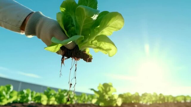 Farmer's hands are picking fresh vegetables from the plot.