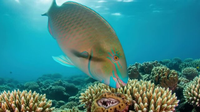 Underwater shot of colorful parrotfish swimming near vibrant coral reef in ocean.