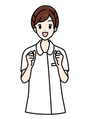 女性看護師の正面立ちポーズ　上半身　ガッツポーズ