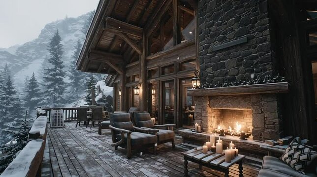 chalet, winter, snow, fireplace, outdoor, terrace, cabin, mountain, luxury, rustic, cozy, warm, wood, alpine, retreat, vacation, lodge, glowing, holiday, comfort, nature, chairs, scenery, snowy, archi