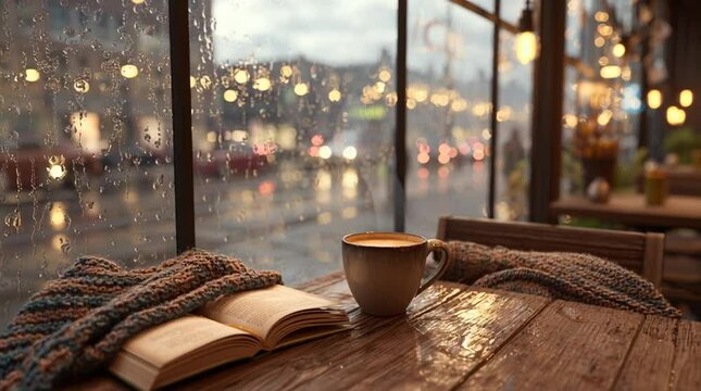 Cozy coffee cup and open book by a window on a rainy day, with city lights and blurred street traffic outside, warm and inviting atmosphere, perfect for relaxation and introspection.