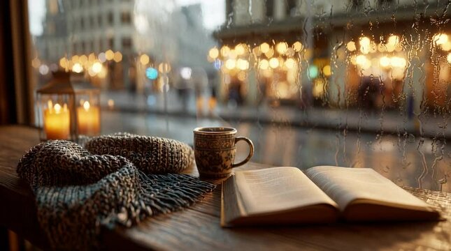 Cozy coffee cup and open book by a window on a rainy day, with city lights and blurred street traffic outside, warm and inviting atmosphere, perfect for relaxation and introspection.