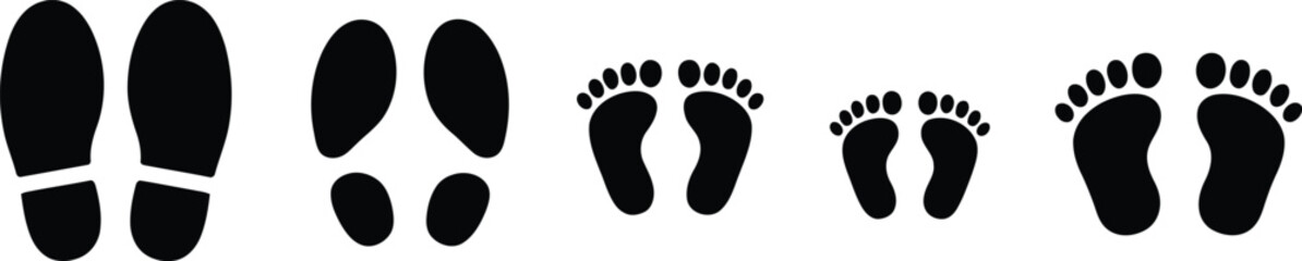 Family footprints: adult shoe prints, child footprints, baby footprints, minimalist black silhouettes.