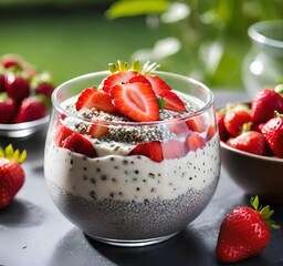 healthy breakfast with yogurt, chia seeds and fresh strawberries in a clear bowl on the table