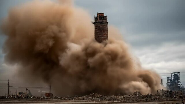 Controlled implosion of a large industrial chimney generating a massive cloud of dust and debris, showcasing the power of demolition in industrial settings