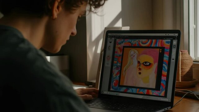 Person on laptop creating digital artwork with vibrant colors