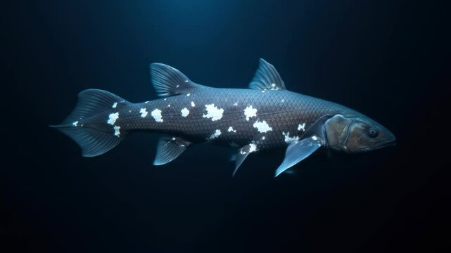 Coelacanth fish swimming underwater in deep sea with white spots and dark background.