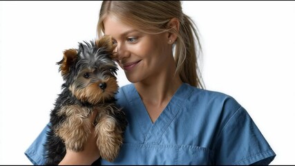 A Tender Bond: A compassionate veterinarian cradles a playful, cuddly Yorkshire Terrier puppy. A symbol of health, love, and the unwavering care we share for our furry friends. 