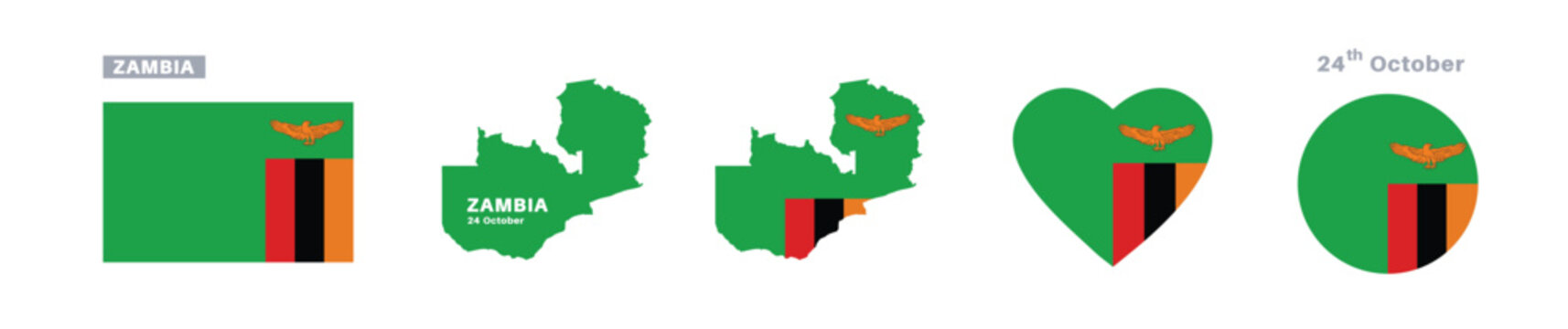 zambia flag and map set. zambia flag in official colors and proportions. independence day 24 october, map, circle and heart shaped zambia
