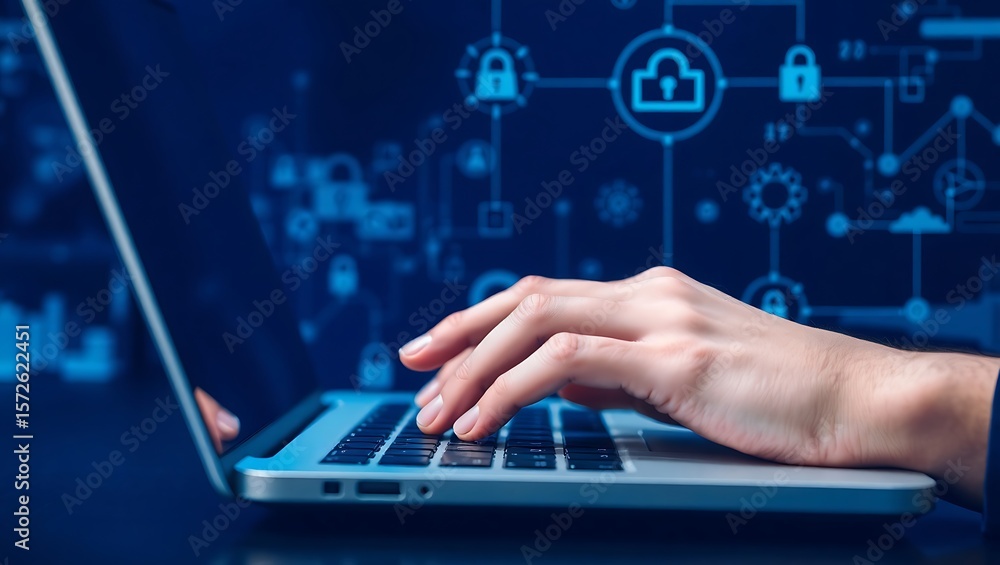 Fototapete person s hands typing on a laptop with a digital security network graphic in the background