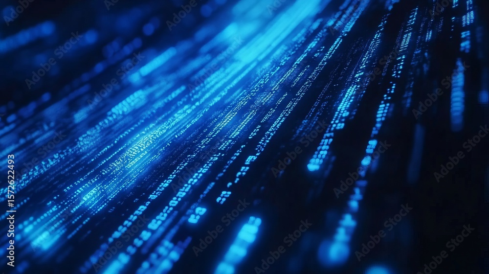Poster Blue digital binary data on computer screen background. 