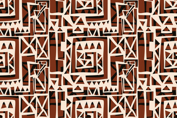 Seamless geometric and doodles line, traditional ikat pattern with earthy tones in geometric and tribal-inspired design. Ideal for textiles, wallpapers, and ethnic-themed projects.