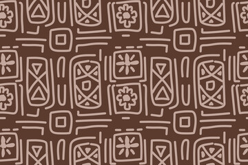 Seamless geometric and doodles line, traditional ikat pattern with earthy tones in geometric and tribal-inspired design. Ideal for textiles, wallpapers, and ethnic-themed projects.