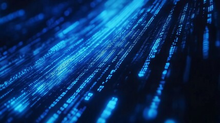 Blue digital binary data on computer screen background. 