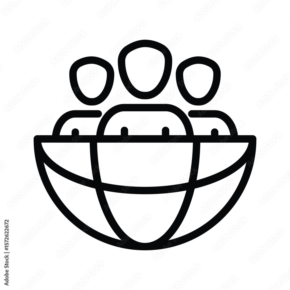 Poster a globe supporting three stylized figures with round heads in a minimalist line drawing