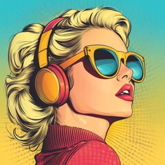 Pop art retro-style depiction of a young brunette woman wearing headphones and sunglasses, set against a vibrant, colorful background, Generative AI