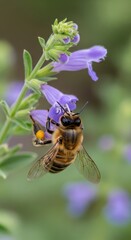 Honey bee gathering pollen from purple flower