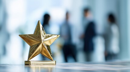 Gold Star Trophy on Reflective Table – Corporate Award Scene with Copy Space and Blurred Team in Background