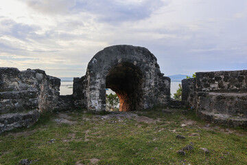 Landscape View of Old Stone Ruins Archway. Fort Otanaha