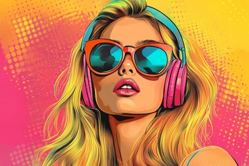 Pop art retro-style depiction of a young blonde woman wearing headphones and sunglasses, set against a vibrant, colorful background, Generative AI