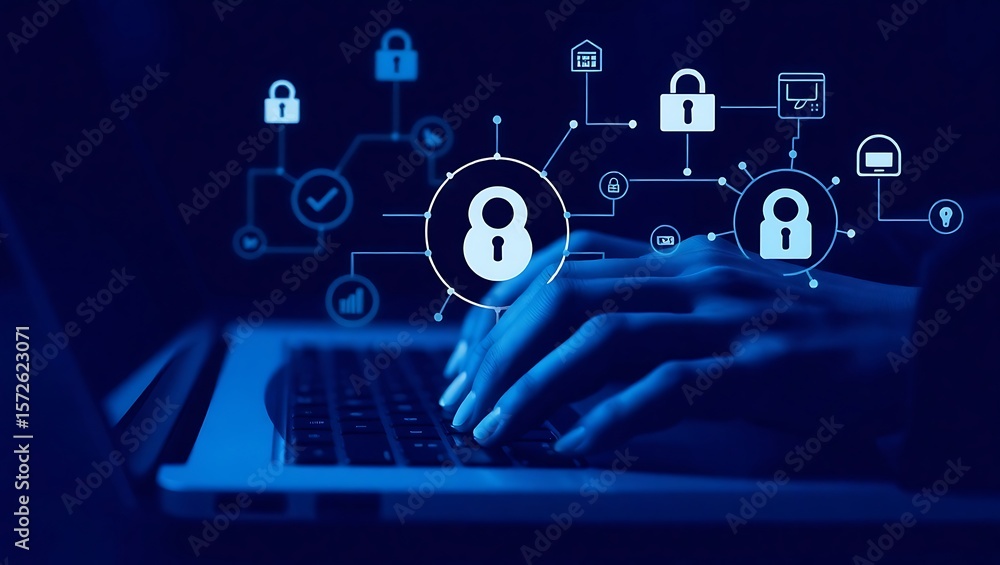 Poster hands typing on laptop with digital security network and icons symbolizing data protection
