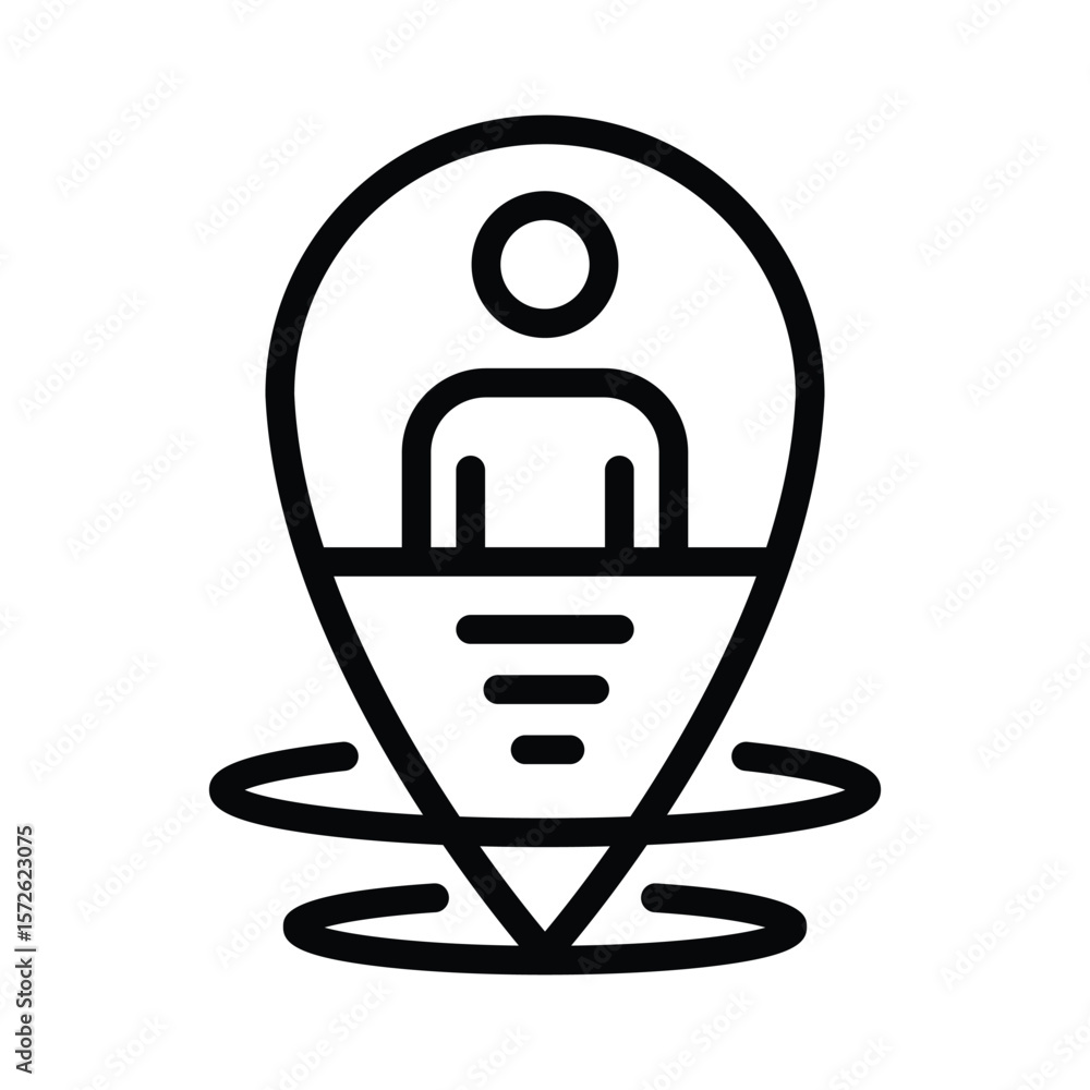 Poster black icon person inside a map pin with line details sitting atop two curved lines