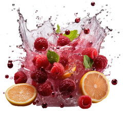 Fruit splash with berries and lemon isolated on transparent background. PNG