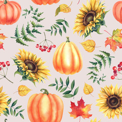 Pumpkins and sunflowers in watercolor, seamless pattern for harvest festival greeting cards or Thanksgiving invitations. Hand-drawn botanical illustration of autumn plants on an isolated background.