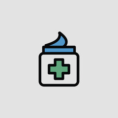 Fototapeta premium Minimalist Icon Depicting a Square Medical Ointment Jar with a Teal Cross and a Swirl of Light Blue Ointment on Top Against a Light Gray Background