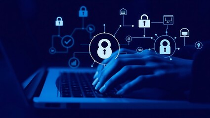 Hands typing on laptop with digital security network and icons symbolizing data protection