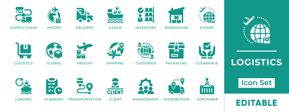Logistics Icon Set. Features icons of delivery, shipment, cargo, warehouse, tracking, supply chain, and transport. Perfect for logistics apps, websites, and businesses.