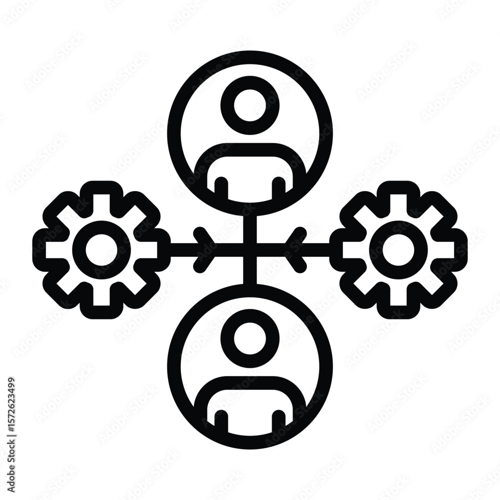 Poster icon depicting two figures connected by bidirectional arrows and gears symbolizing collaboration or 