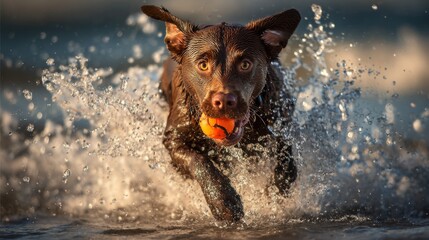 Dog fetching a ball in the waves beach action shot fun environment low angle playfulness