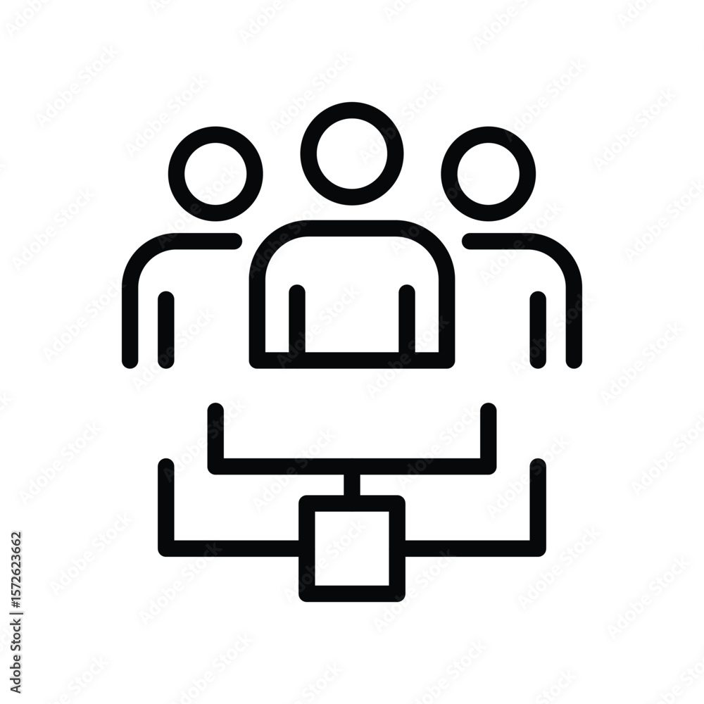 Poster outline icon three figures with circles for heads connected by lines to a square at the bottom