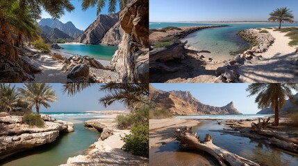 Coastal Scenes Views of serene beaches and waterways in a desert landscape