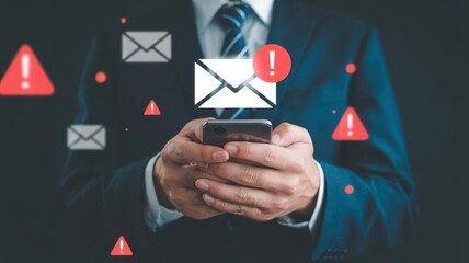 Businessman receives urgent email alert on smartphone; serious warning.