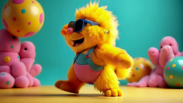 Funny white fluffy puppet character wearing sunglasses and striped shirt dancing against colorful abstract background. Cheerful mascot entertainment concept.