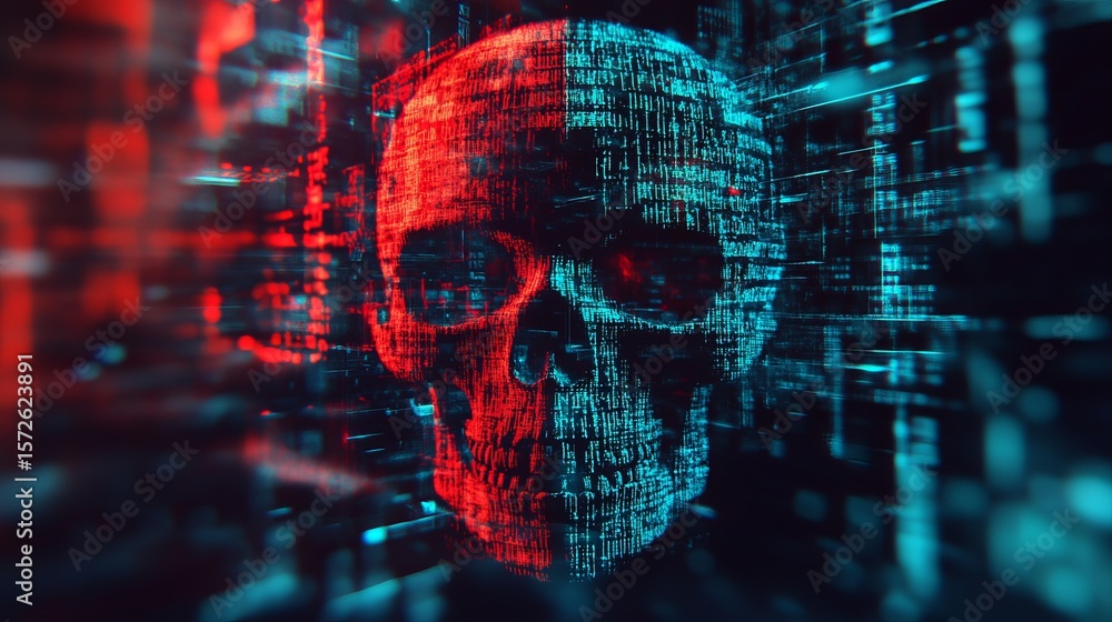 Poster abstract digital glitch effect with skull. hacked laptop computer screen. error signal. virus code a