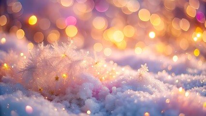 A dreamy winter scene with sparkling lights and snowflakes nestled in the snow, creating a magical holiday atmosphere