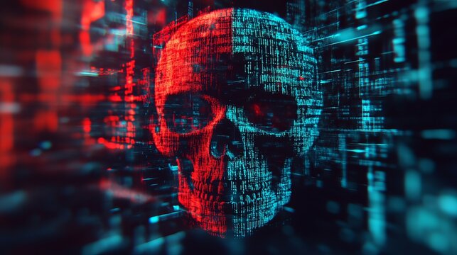 Abstract digital glitch effect with skull. Hacked laptop computer screen. Error signal. Virus code and software hack concept. Cyber security.  - Powered by Adobe