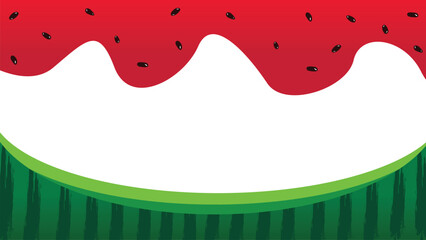 Vector background featuring a watermelon border with pulp, seeds, and green rind, with copy space