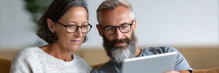 Mature couple wearing eyeglasses, using a digital tablet to browse the internet, manage finances, calculate bills, and explore property investments online