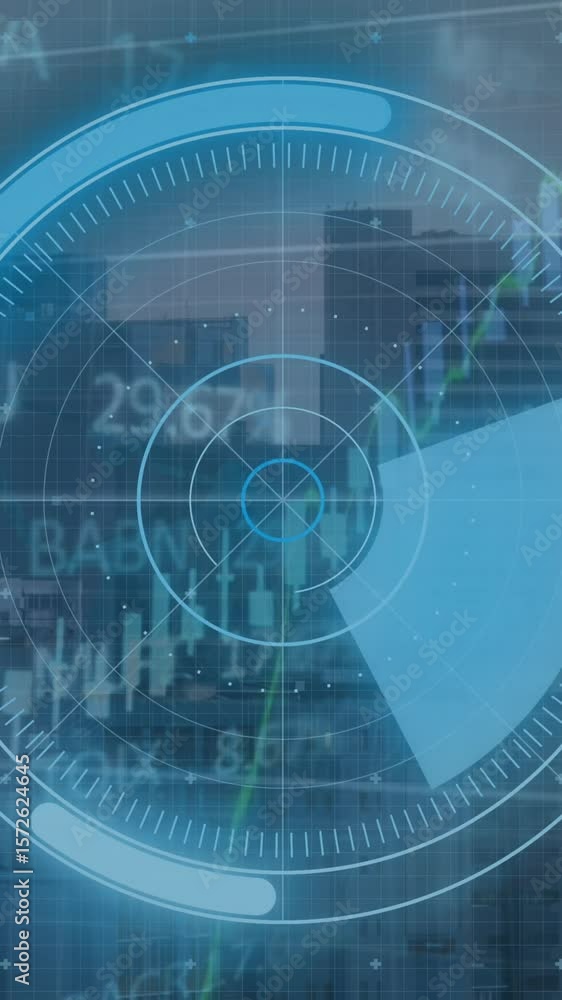 Aufkleber animation of round scanner, statistical and stock market data processing against view of cityscape