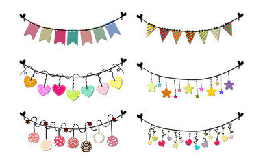 a collection of six different decorative garlands featuring hearts, stars, and flags.