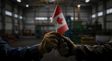 Canadian Solidarity: Two Workers Uniting Under the Maple Leaf, Showing Canadian Pride and Craftsmanship with a National Symbol