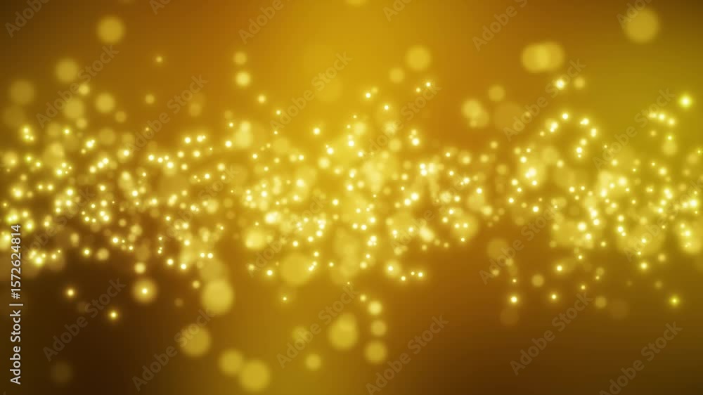 Poster video animation of golden light shine particles bokeh over golden, dark background - seamless loop -