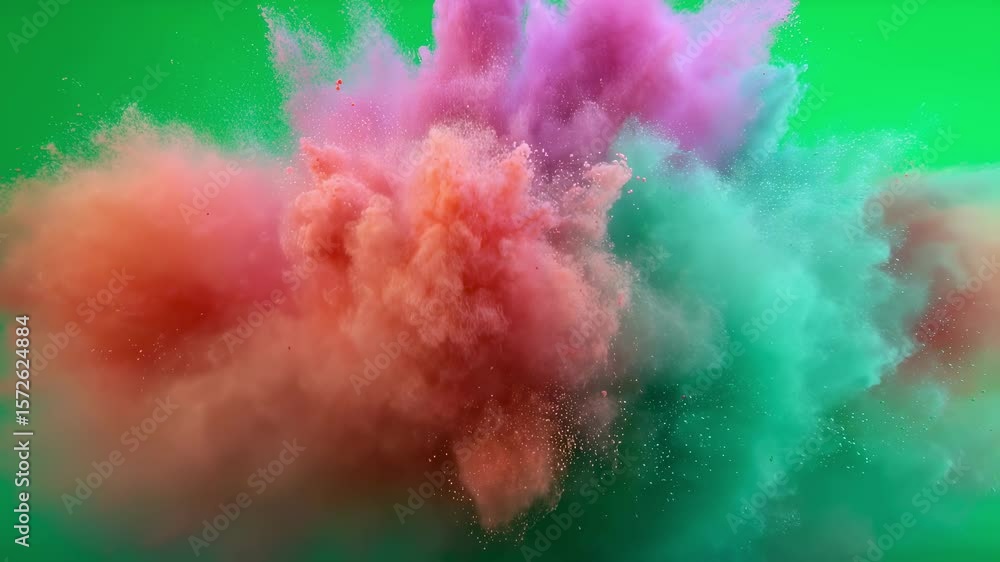 Poster multicolored powder particles exploding and creating a vibrant cloud of colors on a chroma key backg