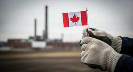 Hand Holding Canadian Flag Near Industrial Plant, Patriotism and Environmental Concerns: A Canadian Perspective on Industry