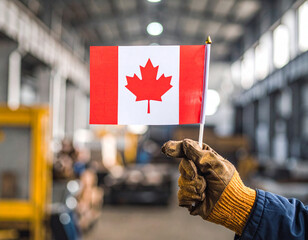 A close-up shot of a person wearing work gloves and holding a Canadian flag, Patriotism in a rugged setting: Celebrating Canada's workforce and national pride